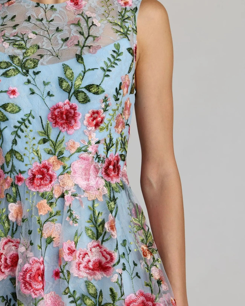 Blue Floral Embroidered Sleeveless A-Line Mini Dress Designer Collection