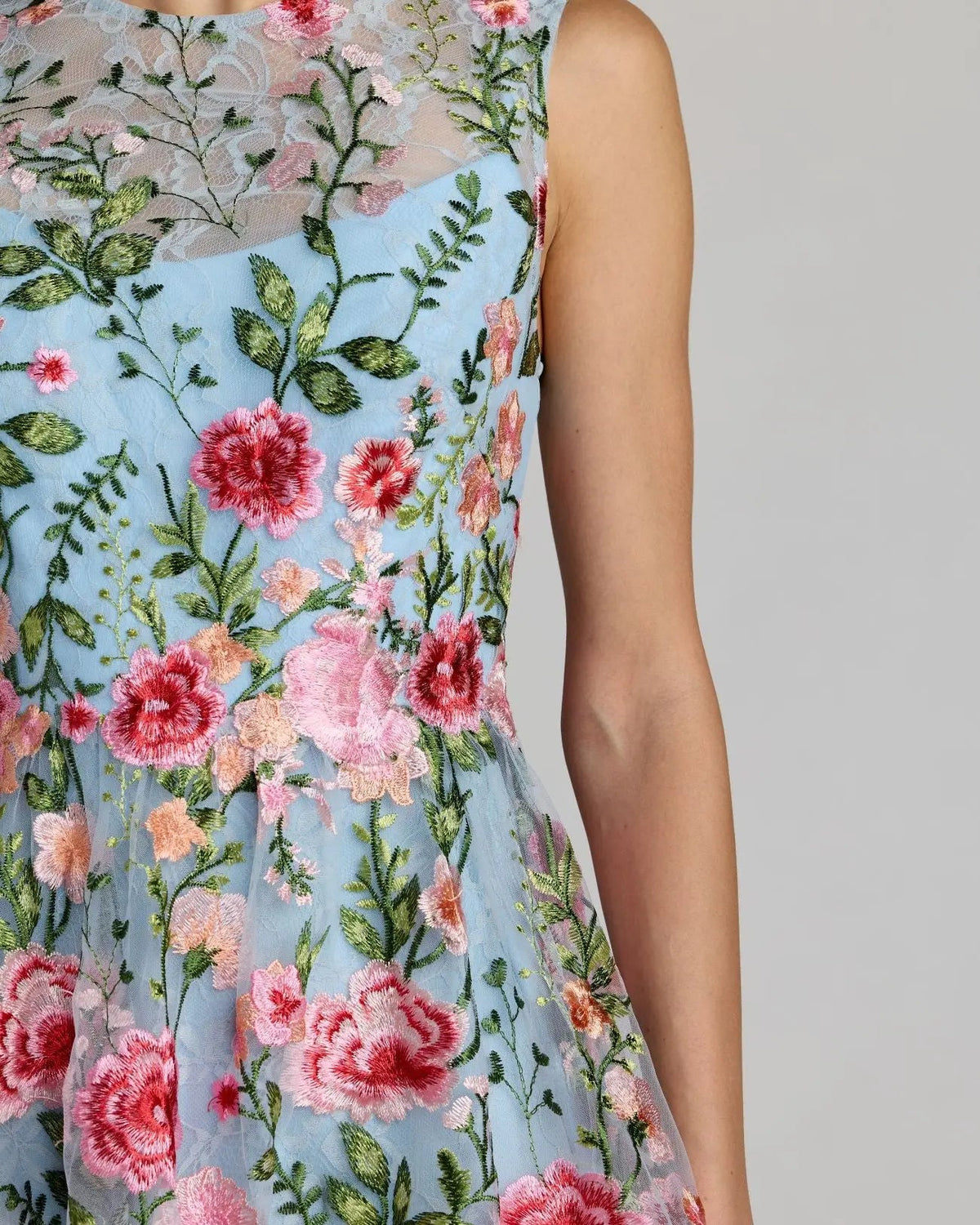 Blue Floral Embroidered Sleeveless A-Line Mini Dress Designer Collection