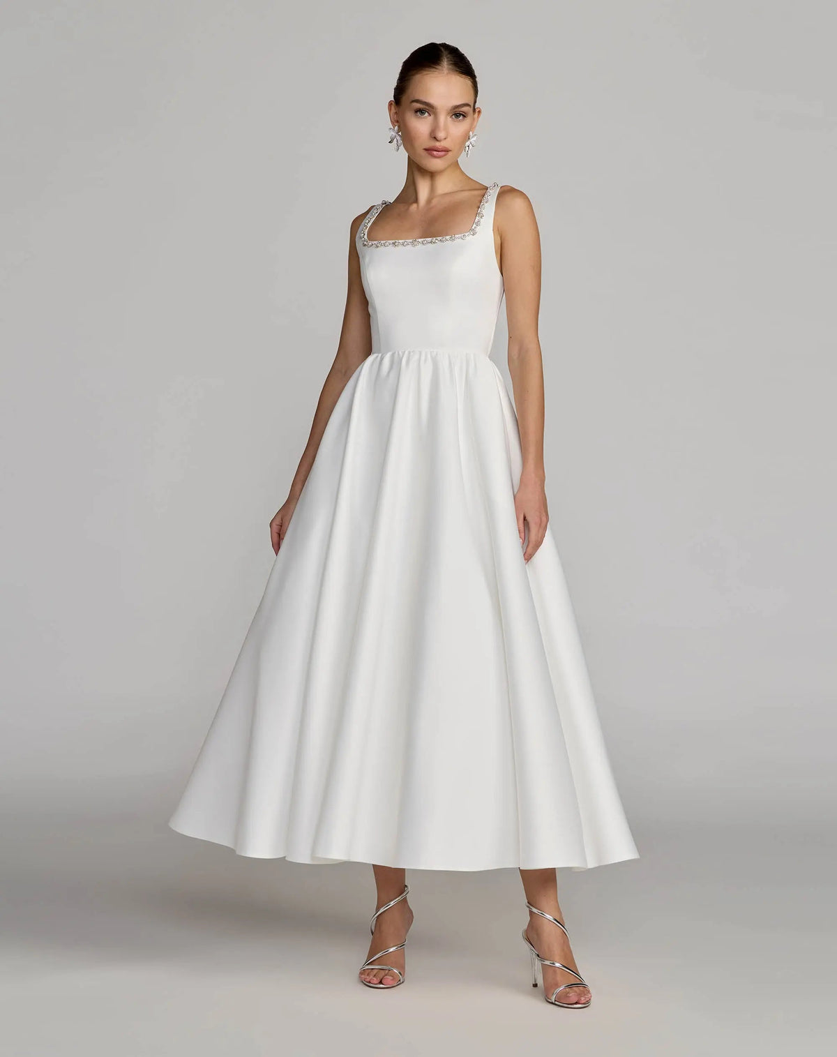 White Embellished Square Neck A-Line Midi Dress Contemporary Collection