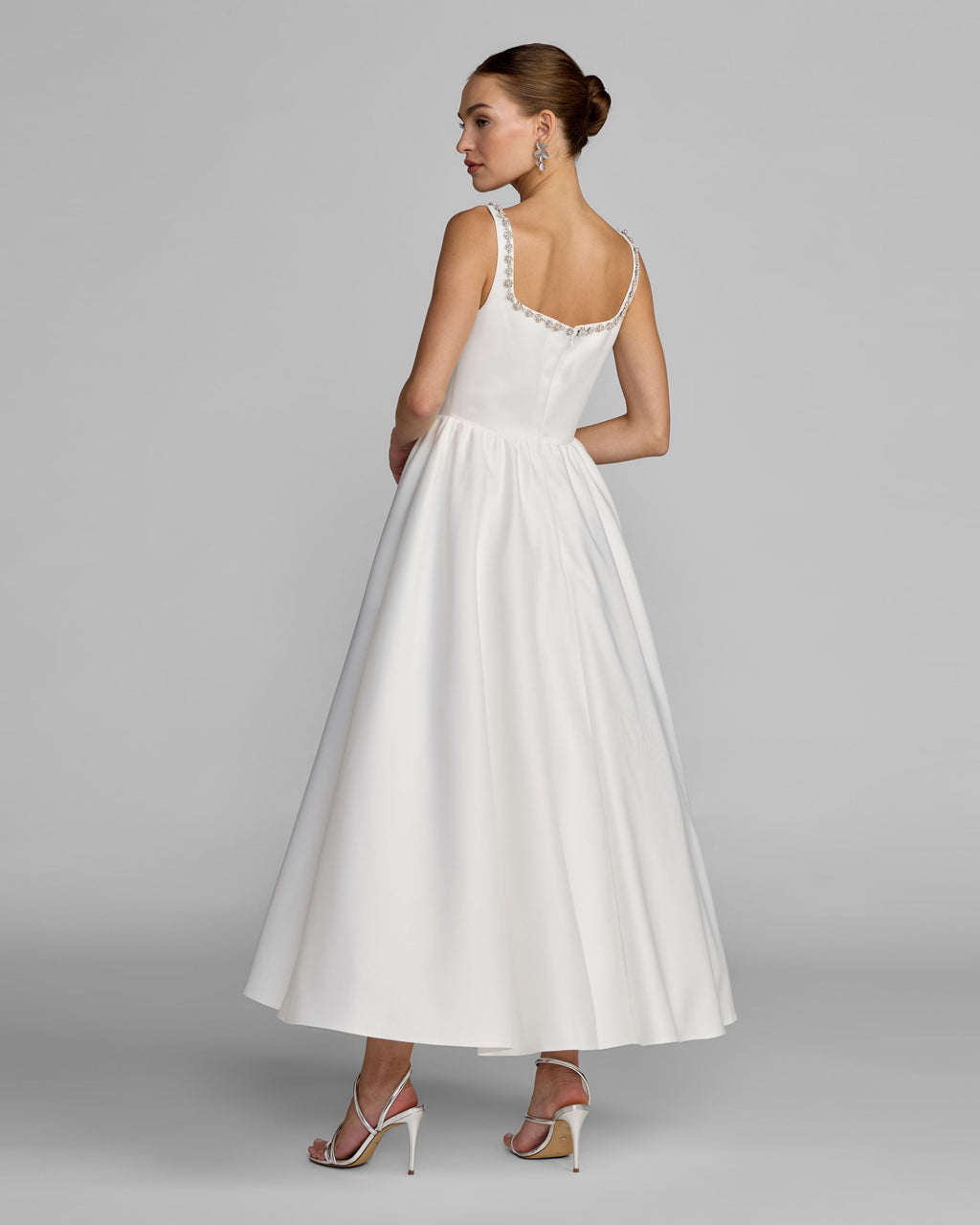White Embellished Square Neck A-Line Midi Dress Contemporary Collection