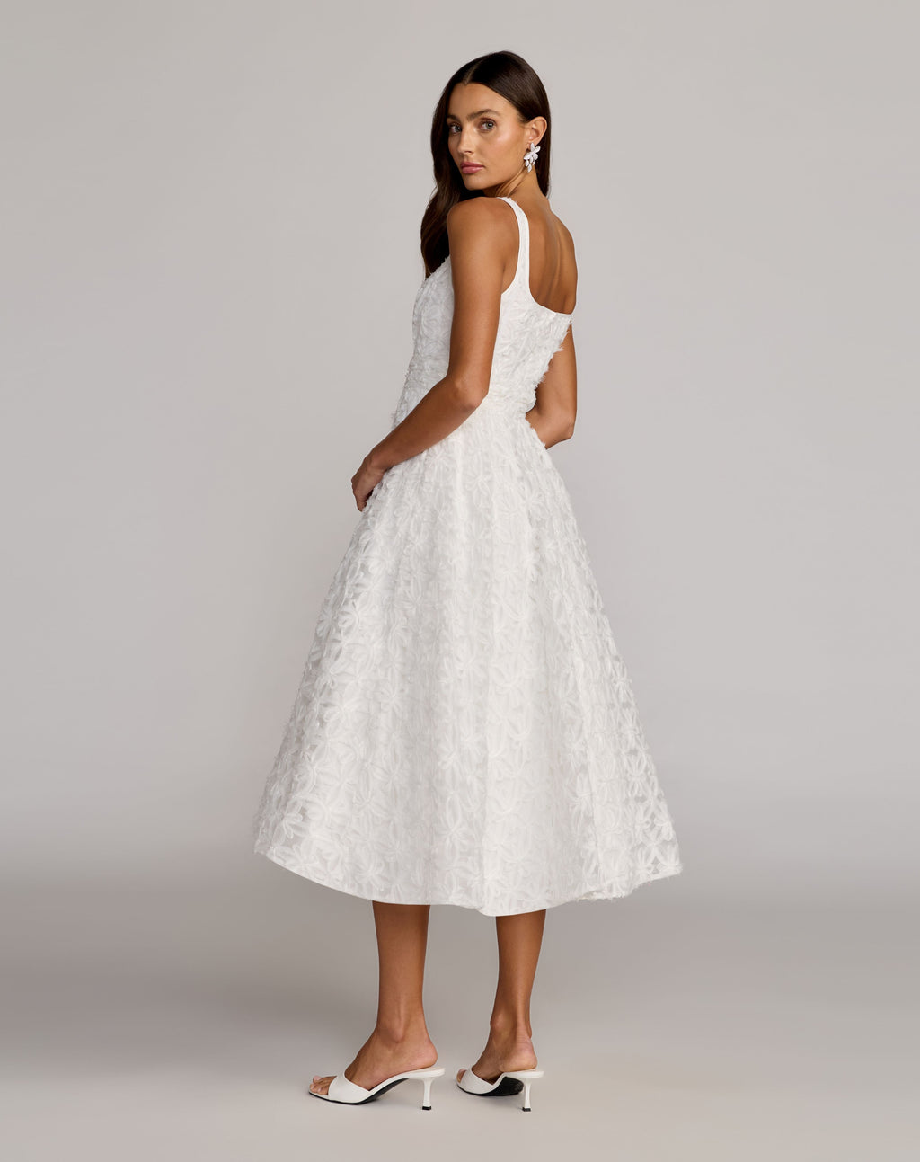 White Tulle Floral Midi Dress With Pockets - Designer Collection