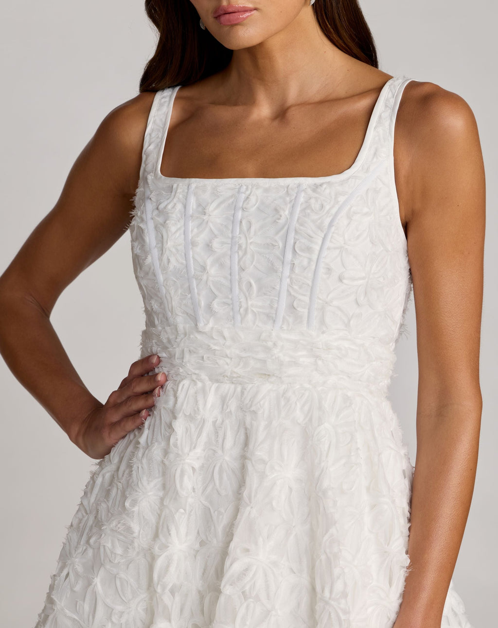 White Tulle Floral Midi Dress With Pockets - Designer Collection