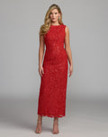 Red Sleeveless Embroidered Lace Midi Dress - Designer Collection
