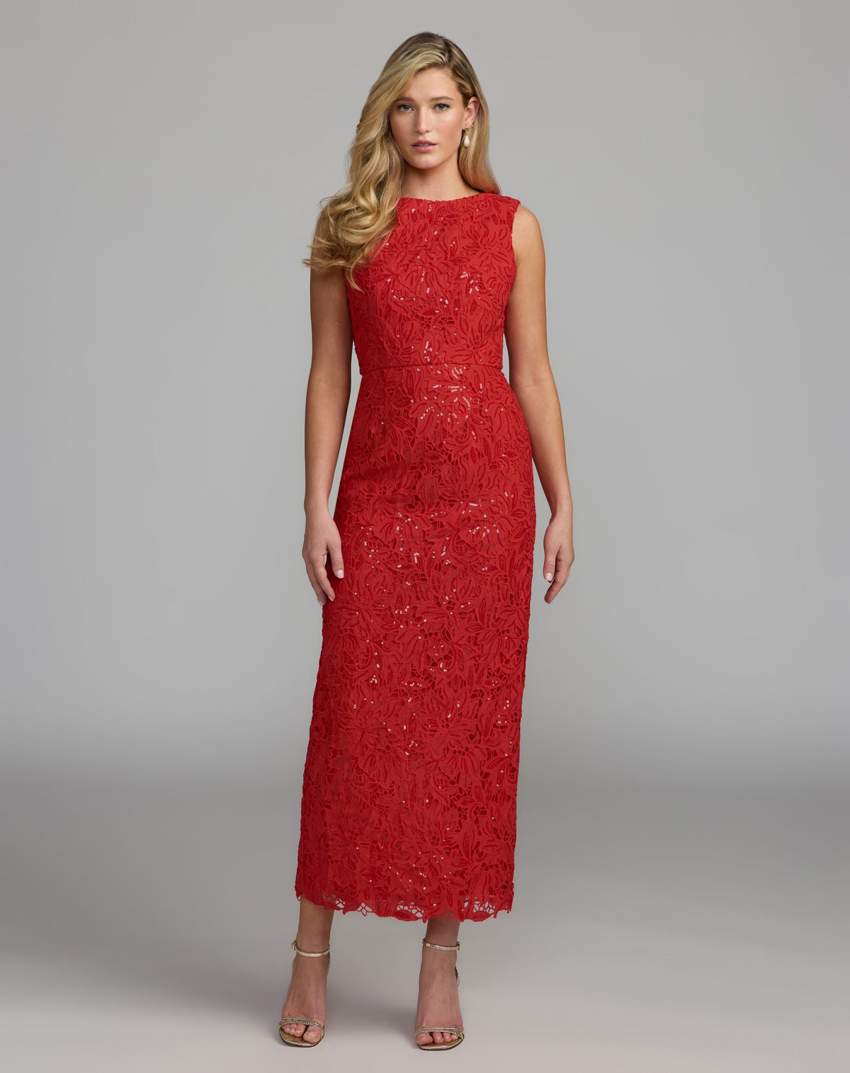 Red Sleeveless Embroidered Lace Midi Dress - Designer Collection