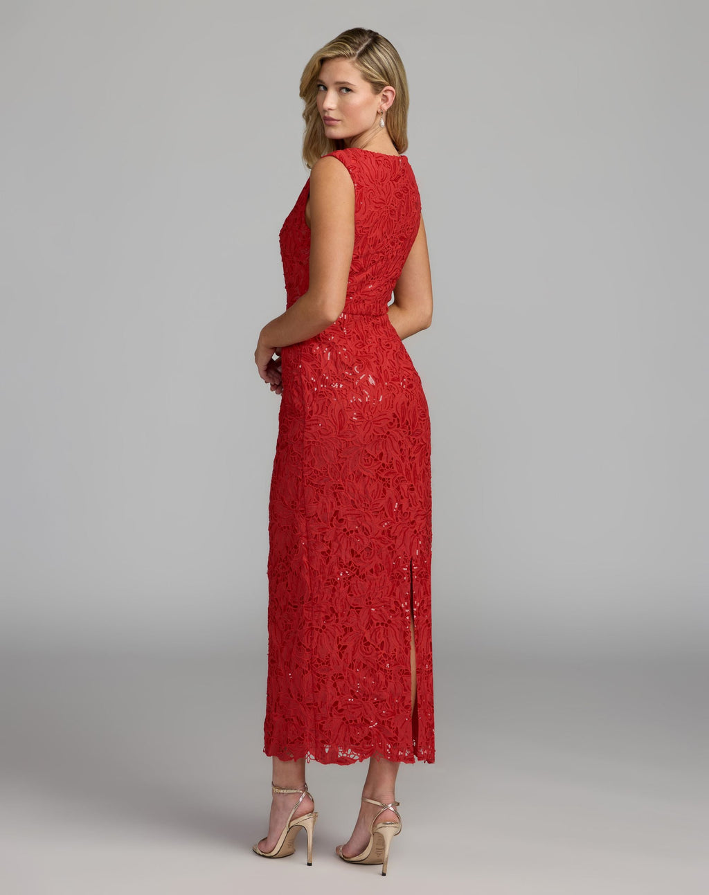 Red Sleeveless Embroidered Lace Midi Dress - Designer Collection
