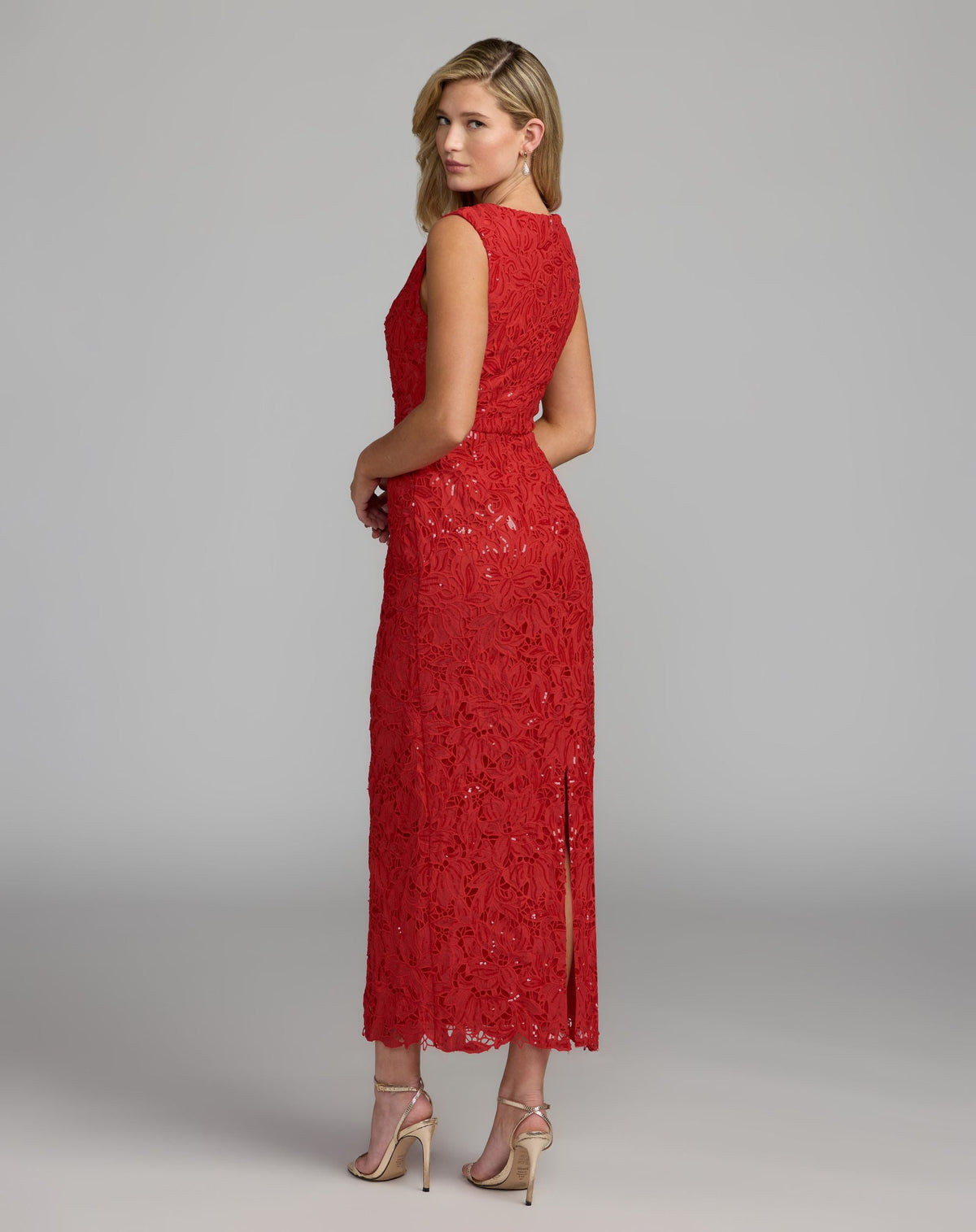 Red Sleeveless Embroidered Lace Midi Dress - Designer Collection