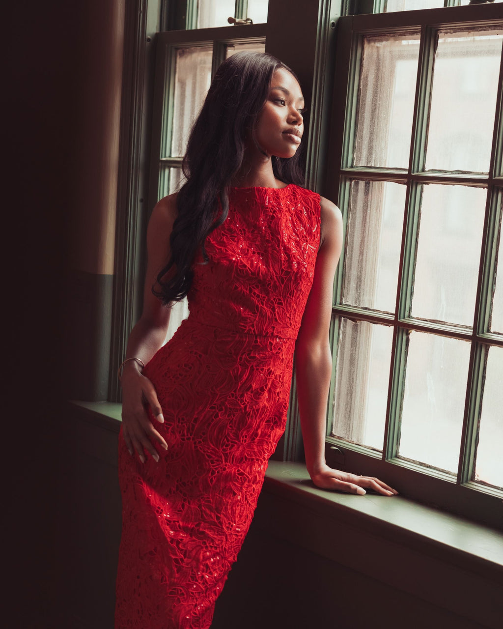 Red Sleeveless Embroidered Lace Midi Dress - Designer Collection