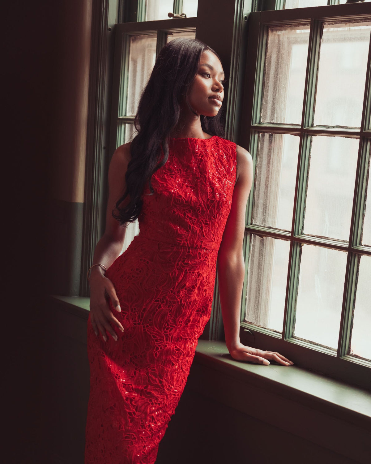 Red Sleeveless Embroidered Lace Midi Dress - Designer Collection