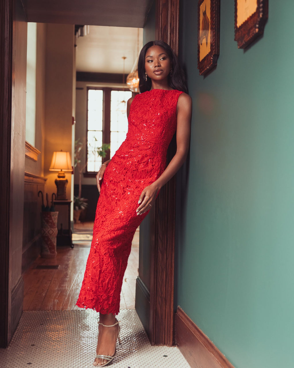 Red Sleeveless Embroidered Lace Midi Dress - Designer Collection
