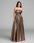 Gold Strapless Metallic Gown With Bow Detail - Designer Collection