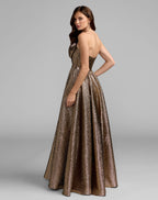 Gold Strapless Metallic Gown With Bow Detail - Designer Collection