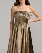 Gold Strapless Metallic Gown With Bow Detail - Designer Collection