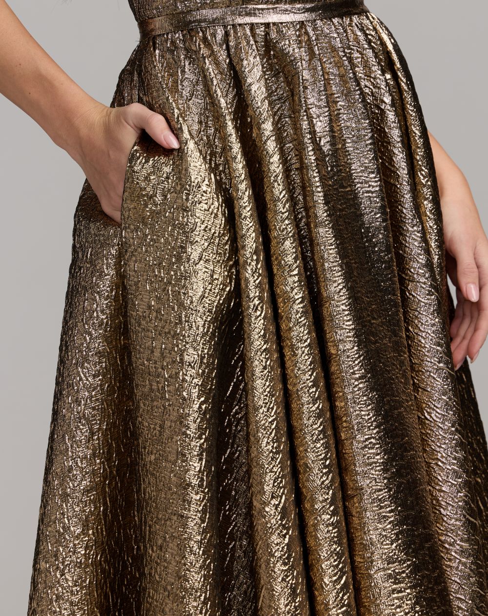 Gold Strapless Metallic Gown With Bow Detail - Designer Collection