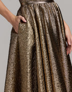Gold Strapless Metallic Gown With Bow Detail - Designer Collection