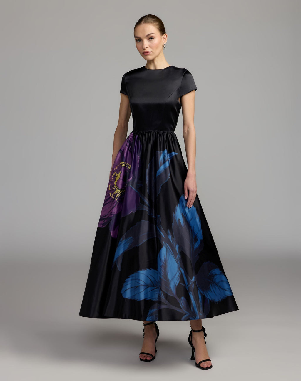Black Satin Cap Sleeve Floral Printed A-Line Dress - Contemporary Collection