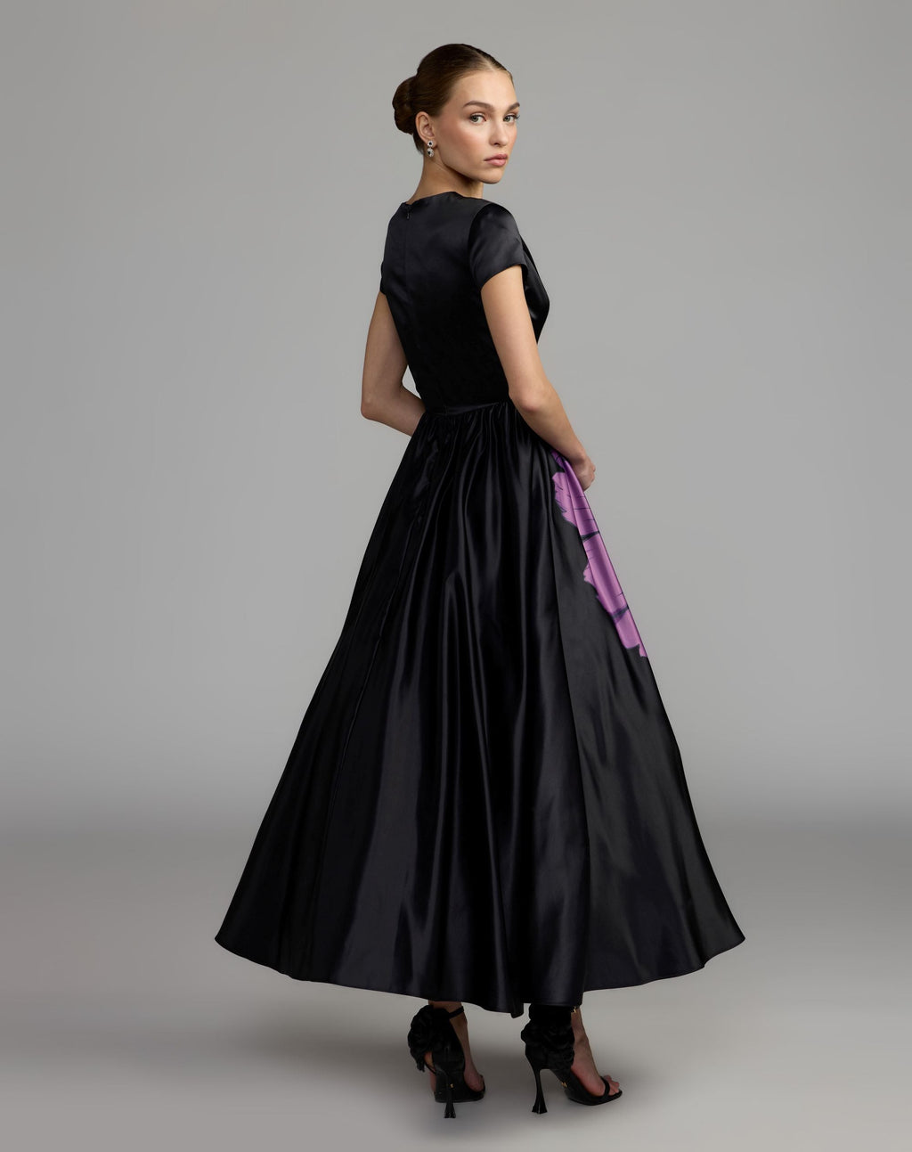 Black Satin Cap Sleeve Floral Printed A-Line Dress - Contemporary Collection