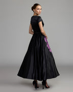 Black Satin Cap Sleeve Floral Printed A-Line Dress - Contemporary Collection