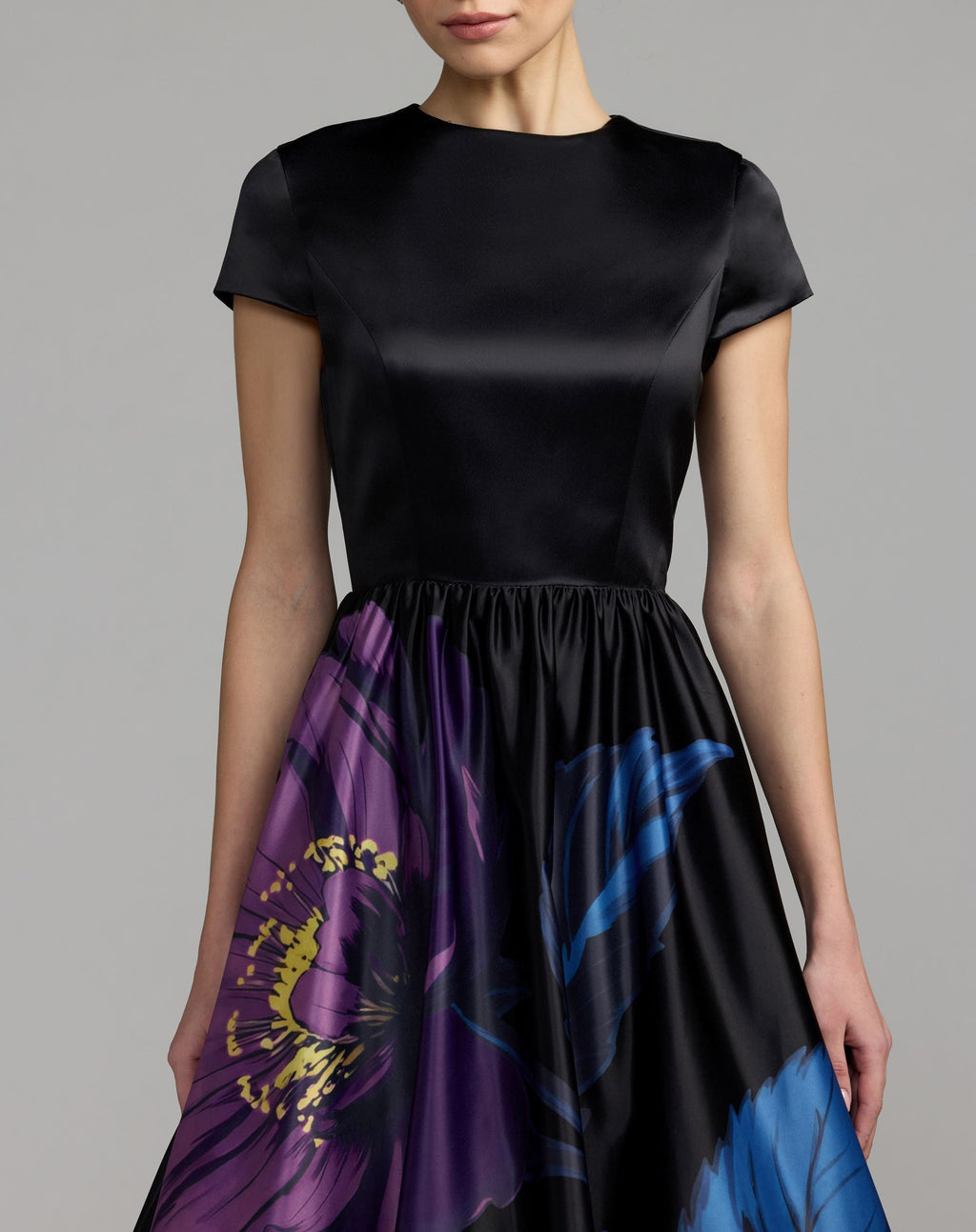 Black Satin Cap Sleeve Floral Printed A-Line Dress - Contemporary Collection