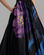 Black Satin Cap Sleeve Floral Printed A-Line Dress - Contemporary Collection