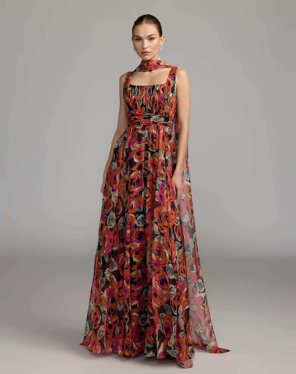 Orange Multicolor Floral Chiffon Gown With Scarf Designer Collection