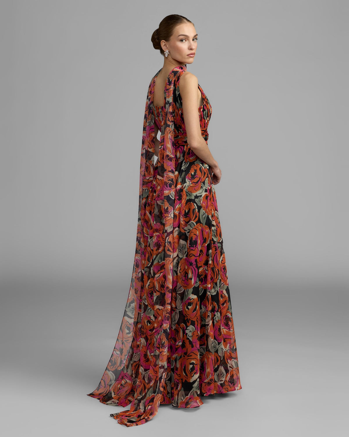 Orange Multicolor Floral Chiffon Gown With Scarf Designer Collection