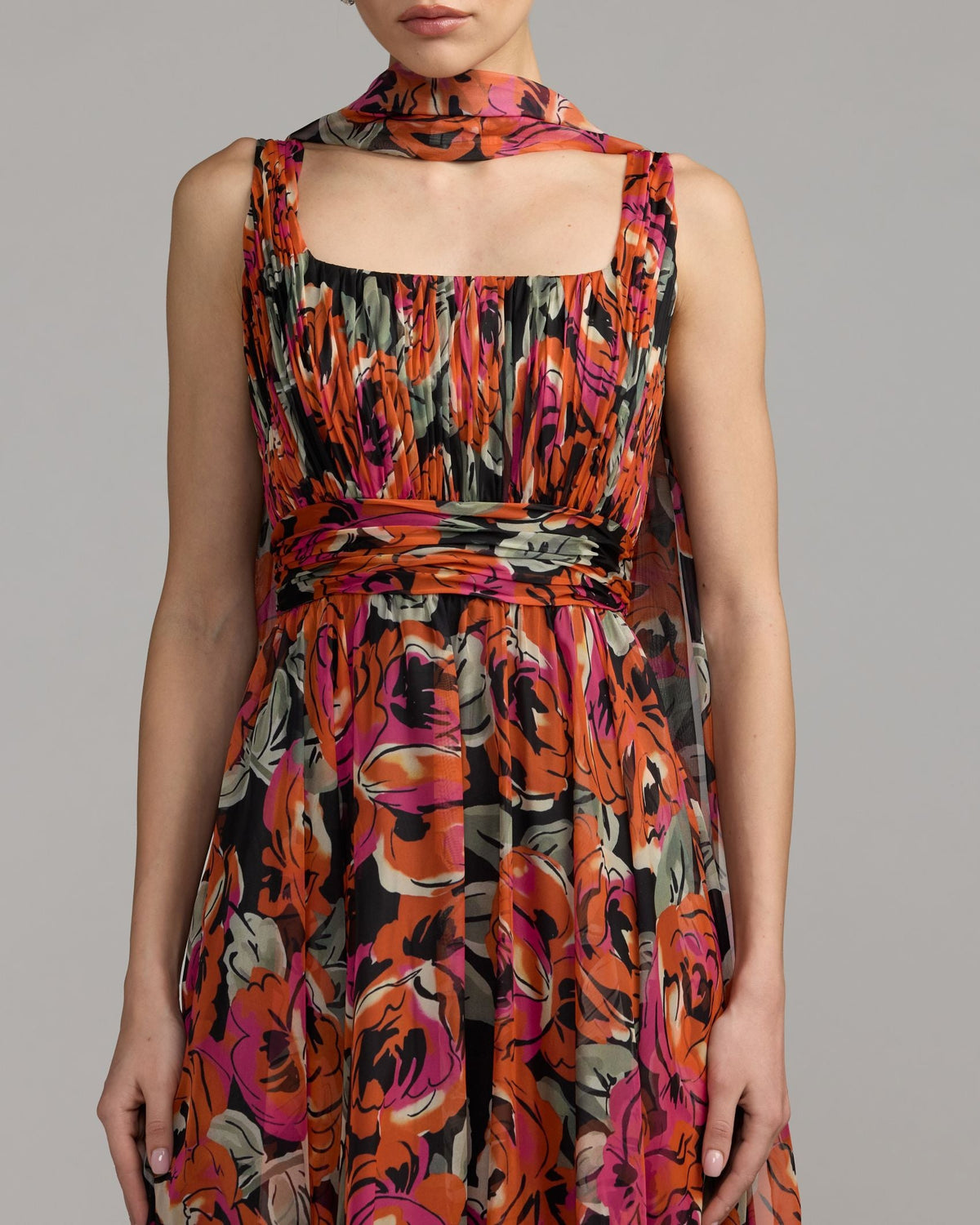 Orange Multicolor Floral Chiffon Gown With Scarf Designer Collection
