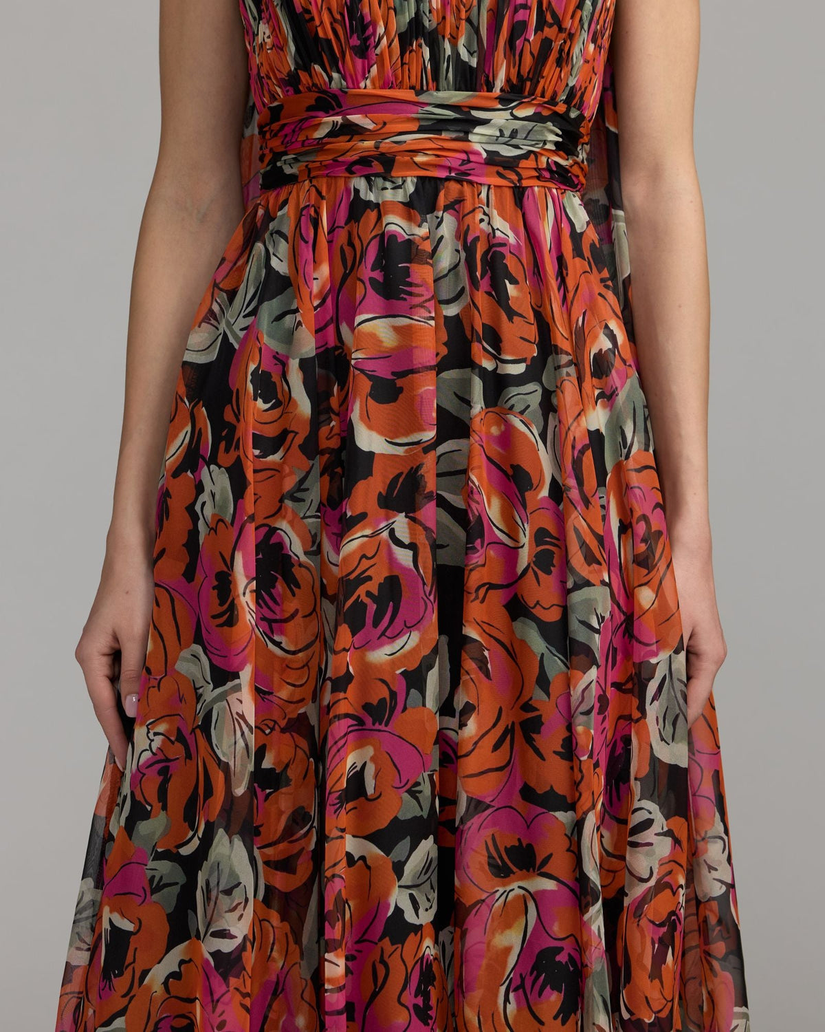 Orange Multicolor Floral Chiffon Gown With Scarf Designer Collection