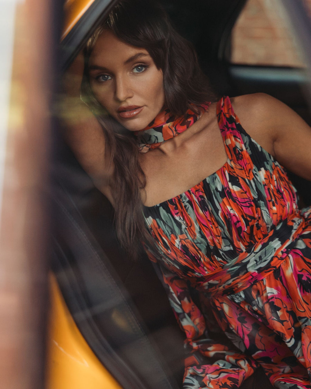 Orange Multicolor Floral Chiffon Gown With Scarf Designer Collection