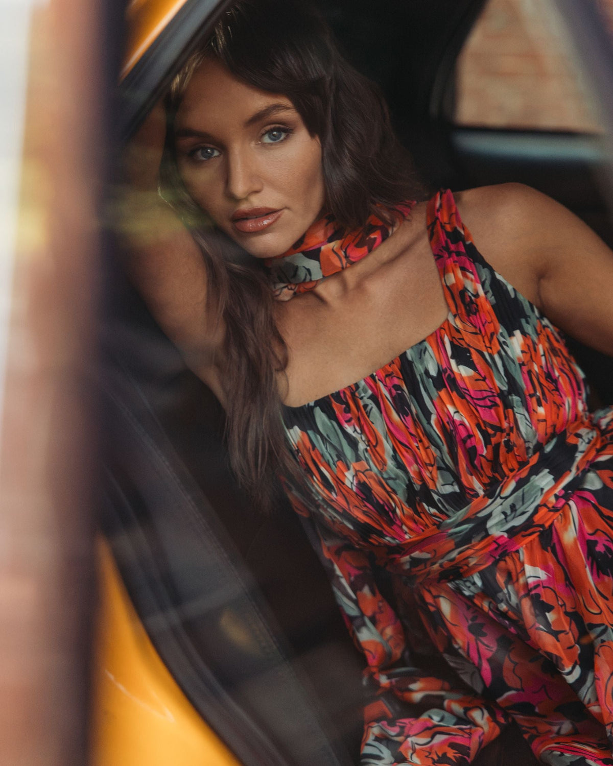 Orange Multicolor Floral Chiffon Gown With Scarf Designer Collection