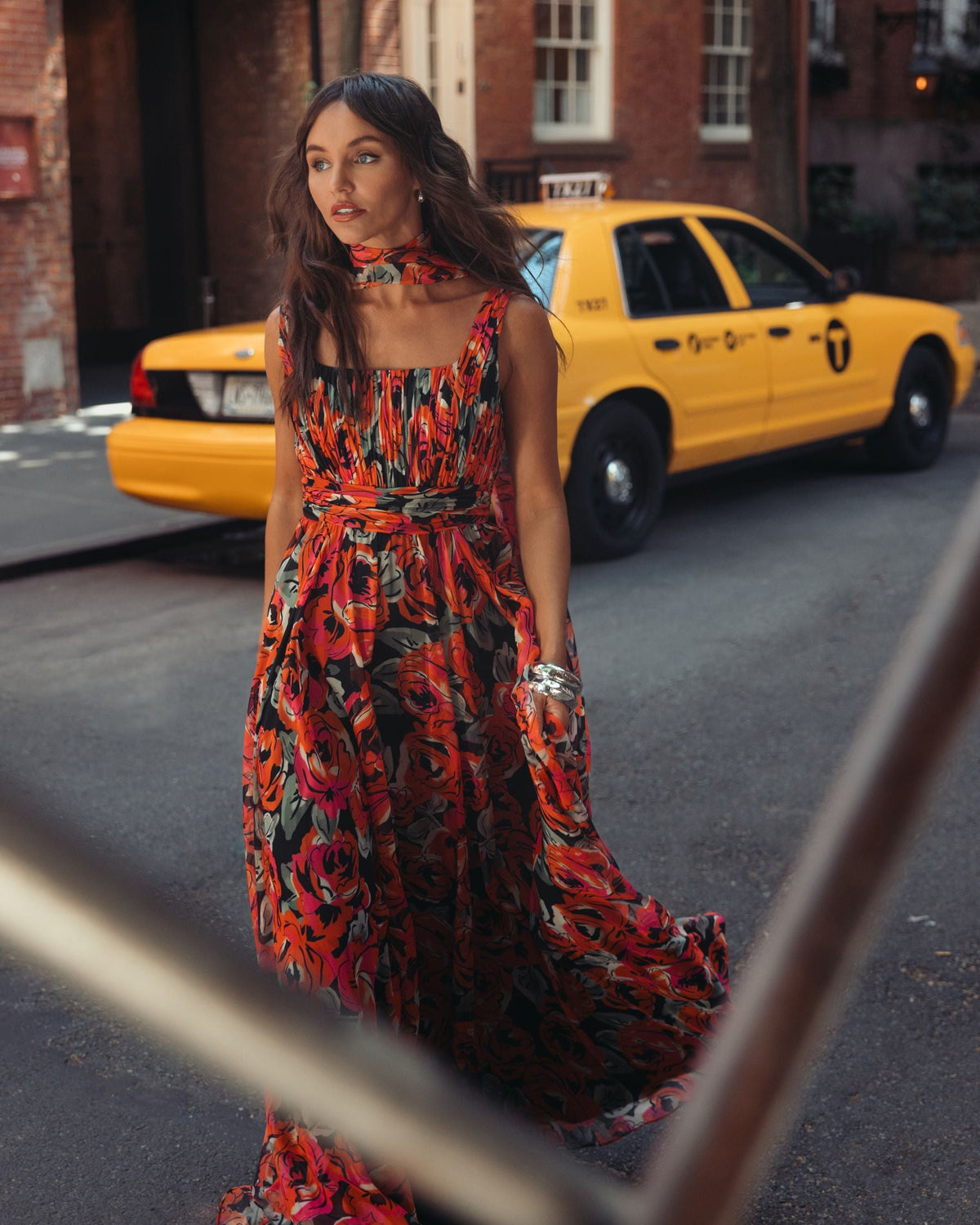 Orange Multicolor Floral Chiffon Gown With Scarf Designer Collection