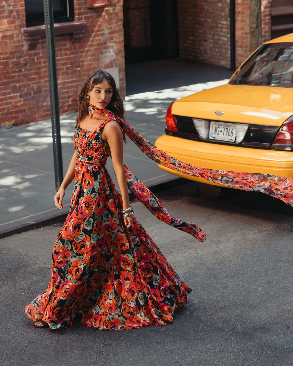 Orange Multicolor Floral Chiffon Gown With Scarf Designer Collection