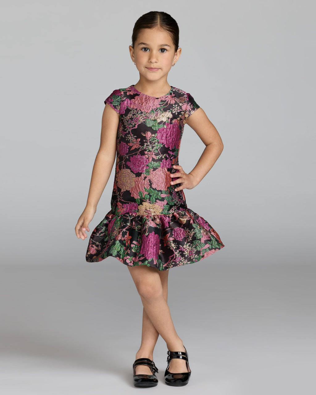 Girls Floral Brocade Drop Waist Mini Dress Designer Collection