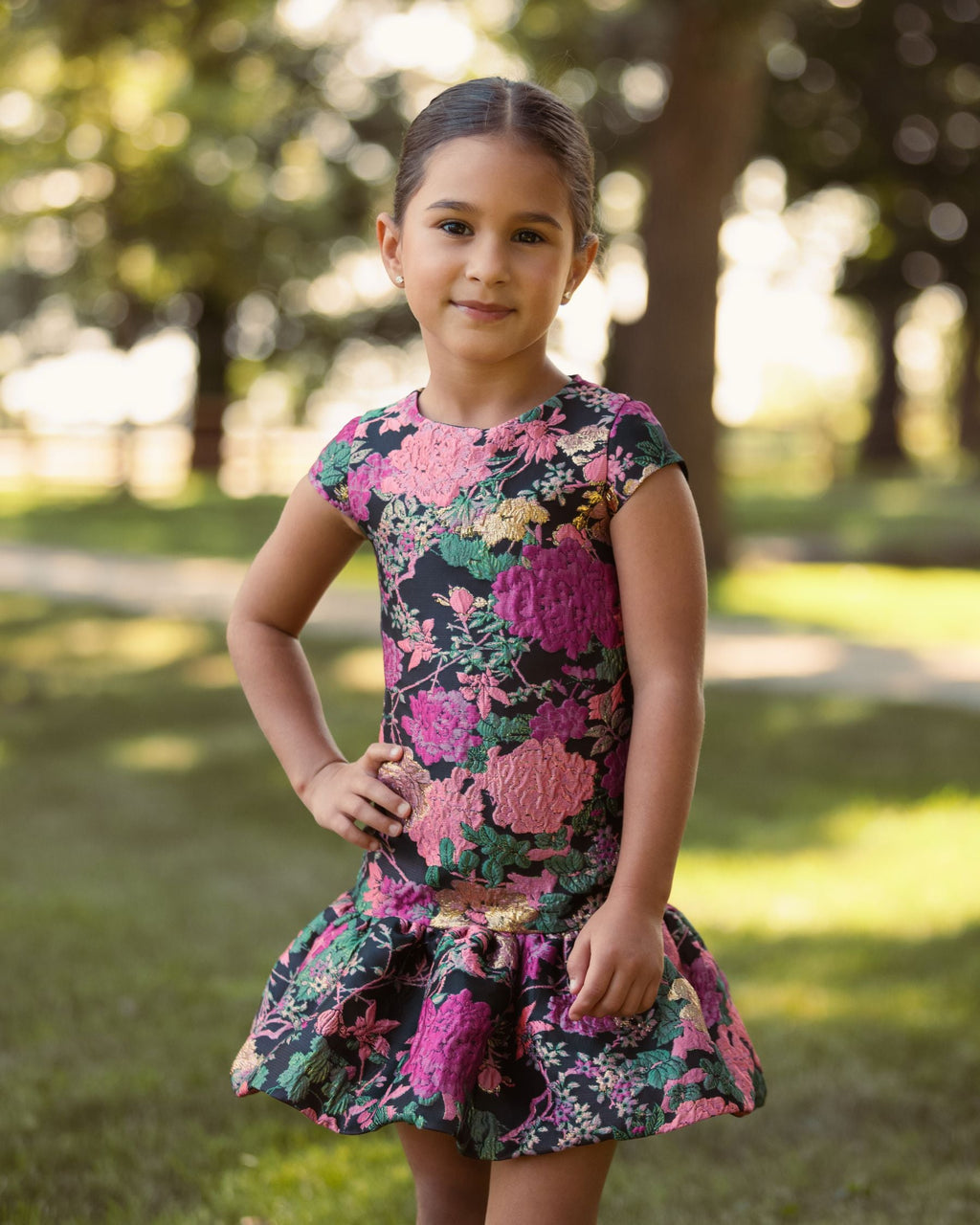 Girls Floral Brocade Drop Waist Mini Dress Designer Collection