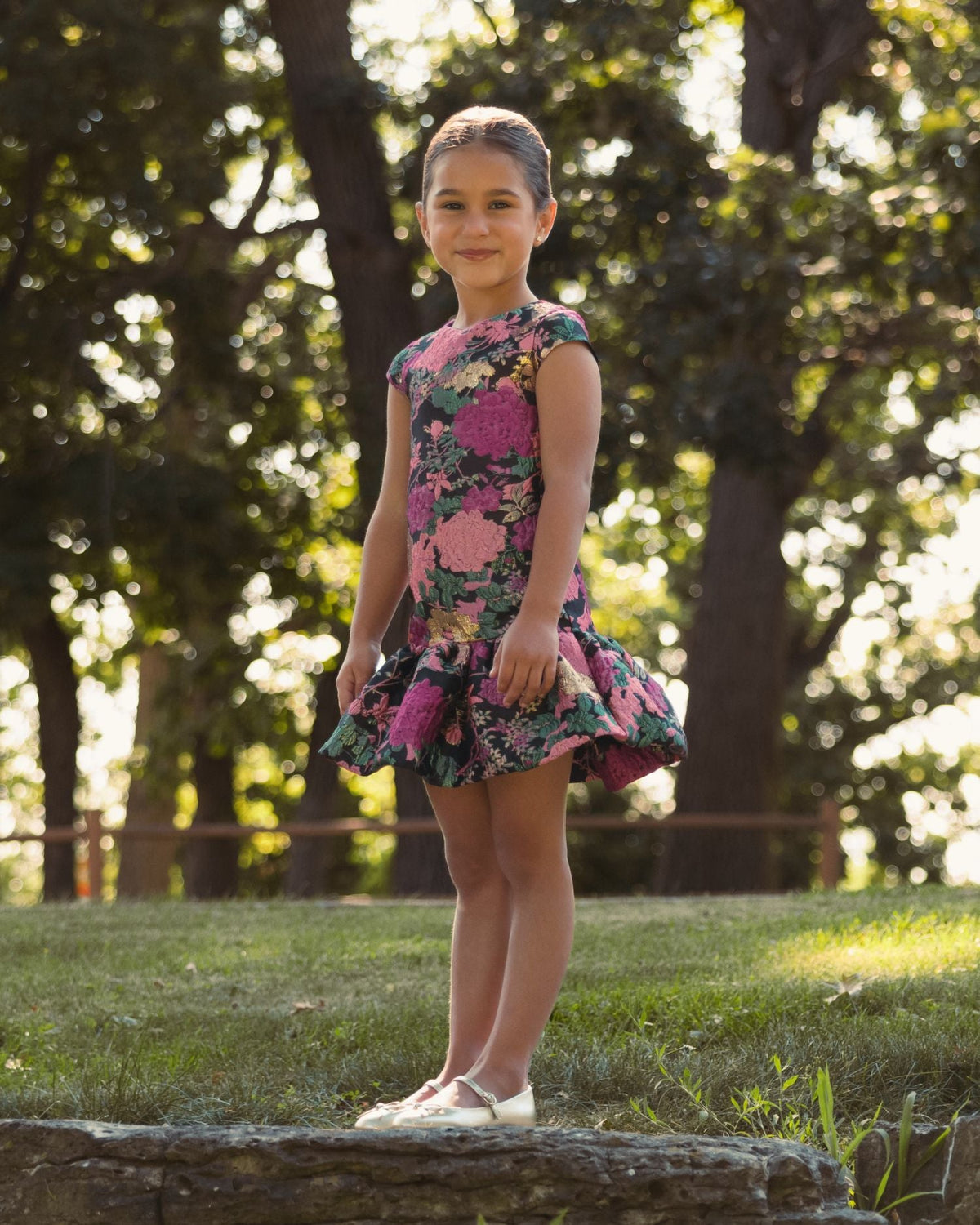 Girls Floral Brocade Drop Waist Mini Dress Designer Collection