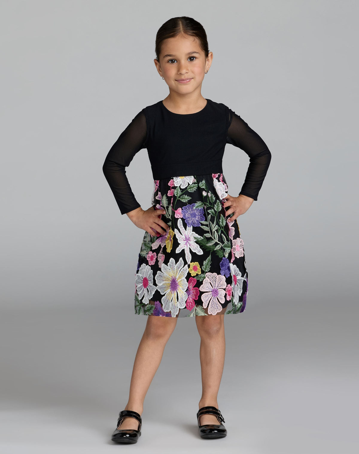 Girls Black Long Sleeve Floral Embroidered Dress - Designer Collection