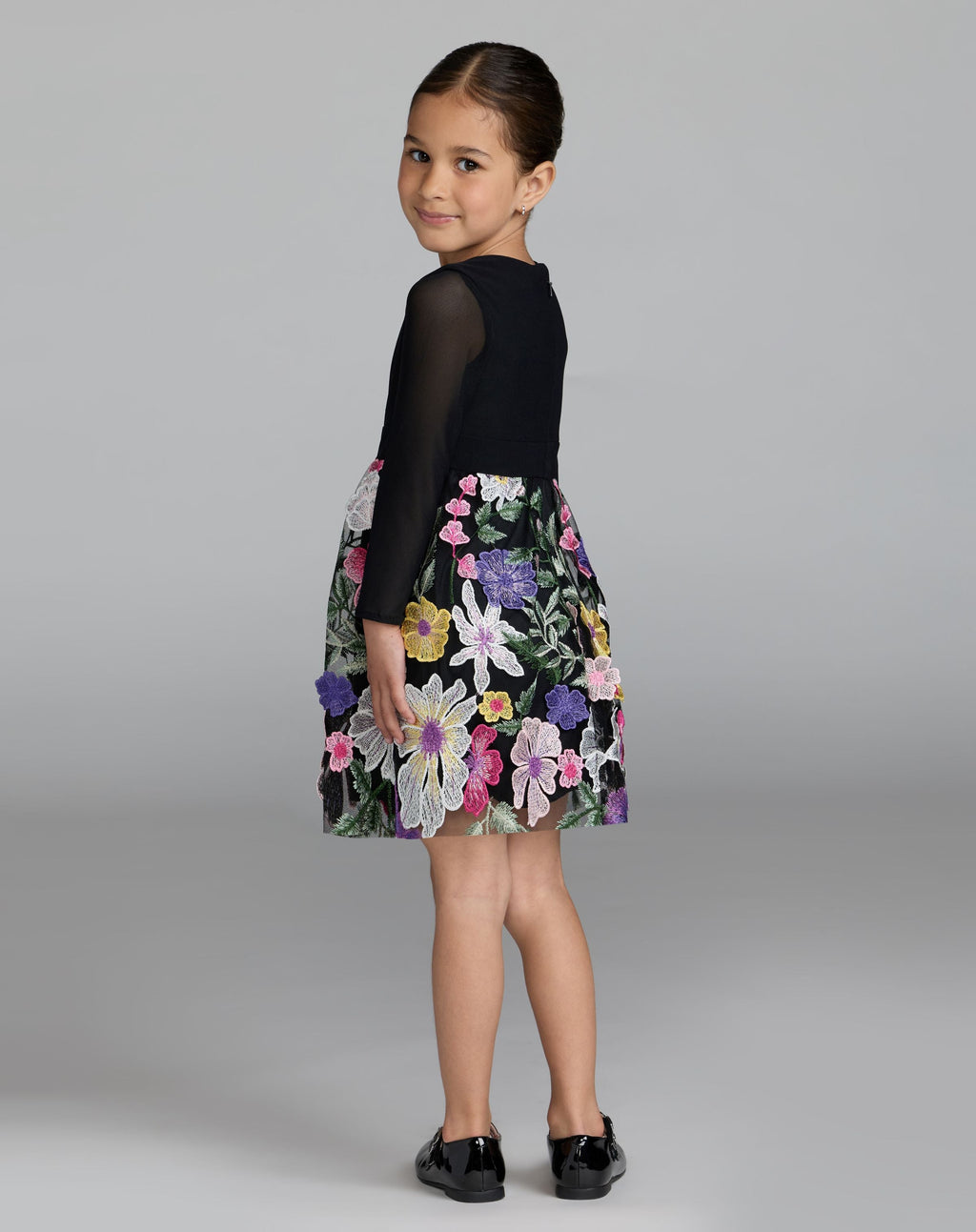 Girls Black Long Sleeve Floral Embroidered Dress - Designer Collection