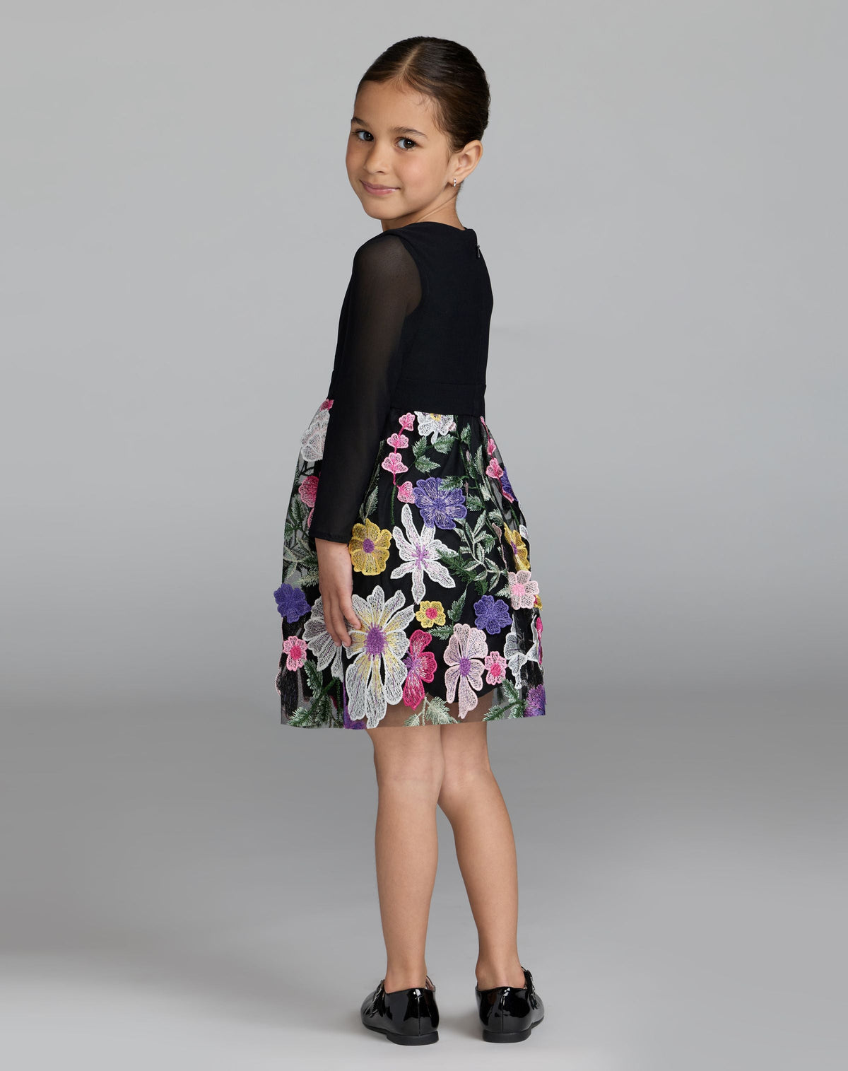 Girls Black Long Sleeve Floral Embroidered Dress - Designer Collection