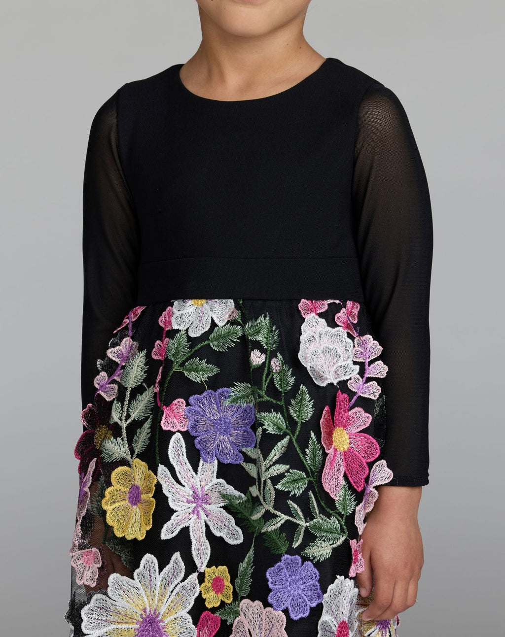 Girls Black Long Sleeve Floral Embroidered Dress - Designer Collection