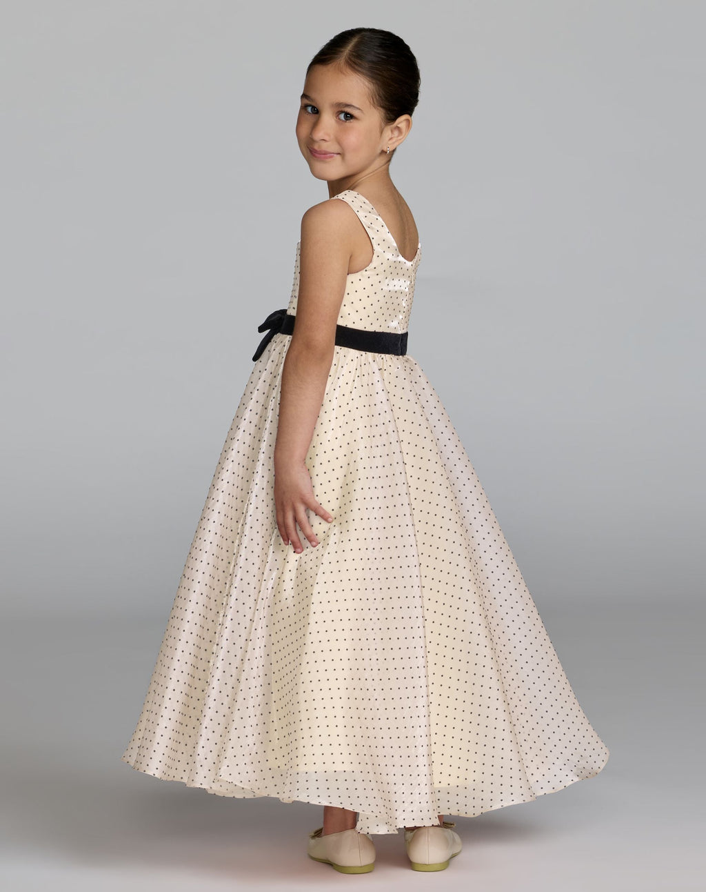 Girls Ivory Polka Dot Square Neck Dress With Bow - Designer Collection