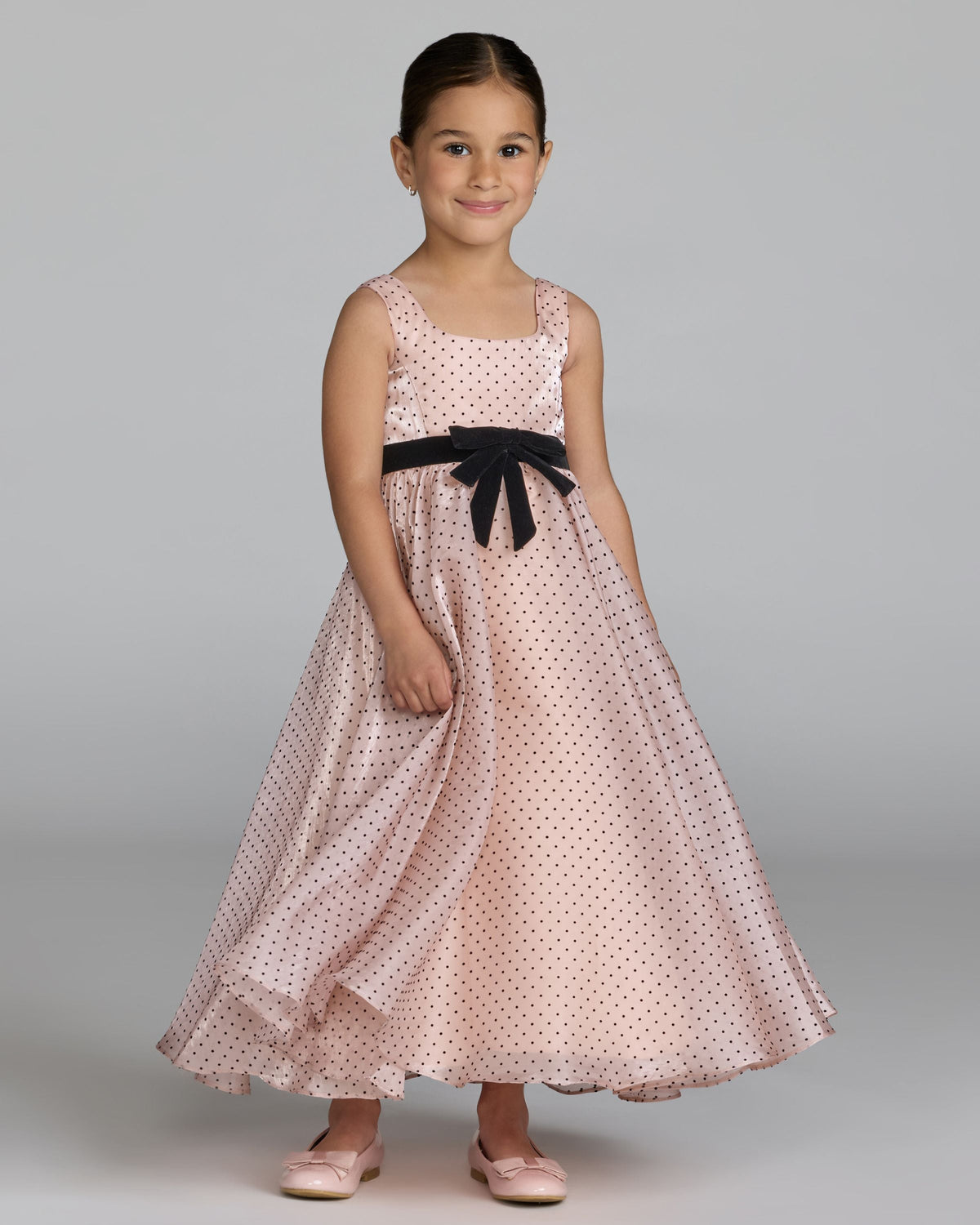 Girls Pink Polka Dot Square Neck Dress With Bow Designer Collection