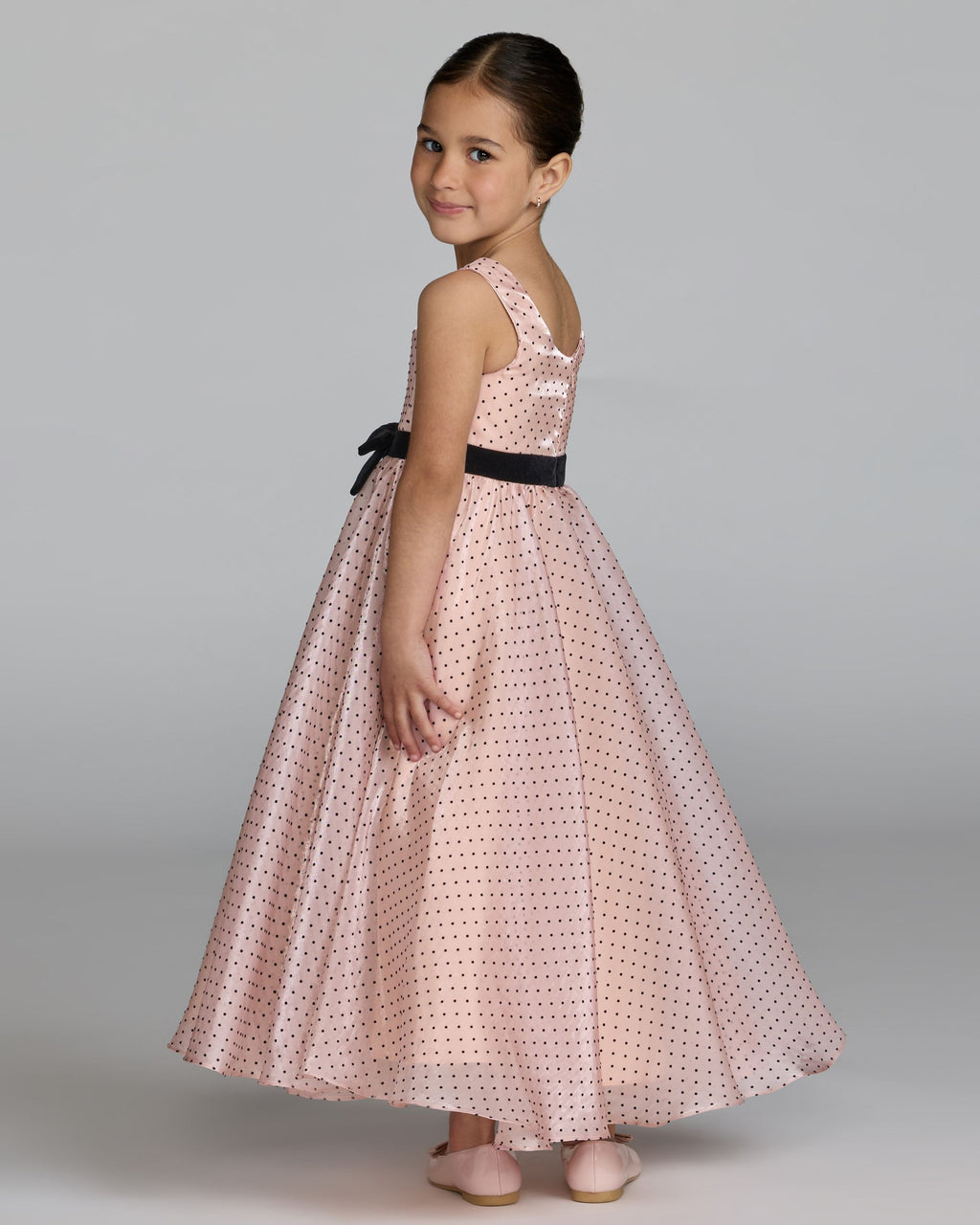 Girls Pink Polka Dot Square Neck Dress With Bow Designer Collection