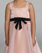 Girls Pink Polka Dot Square Neck Dress With Bow Designer Collection