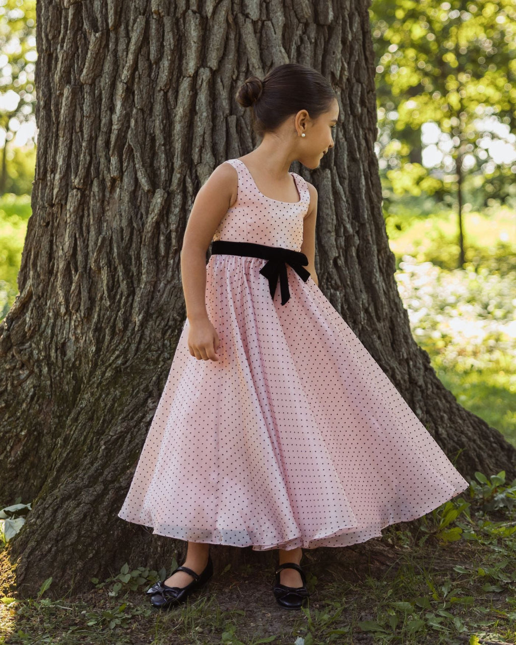 Girls Pink Polka Dot Square Neck Dress With Bow Designer Collection