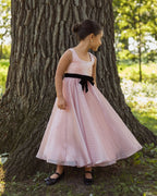 Girls Pink Polka Dot Square Neck Dress With Bow Designer Collection