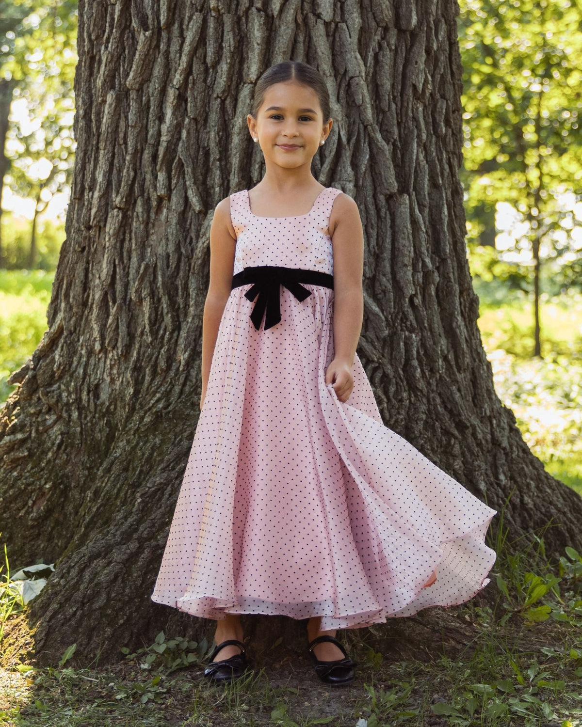 Girls Pink Polka Dot Square Neck Dress With Bow Designer Collection