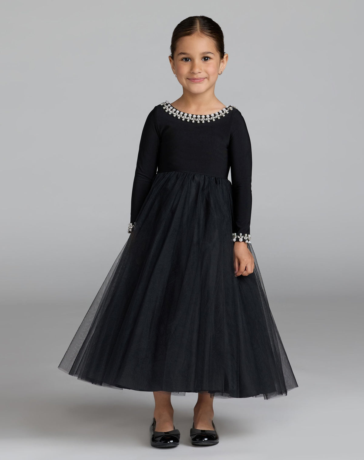 Girls Black Long Sleeve Embellished A-line Dress - Designer Collection