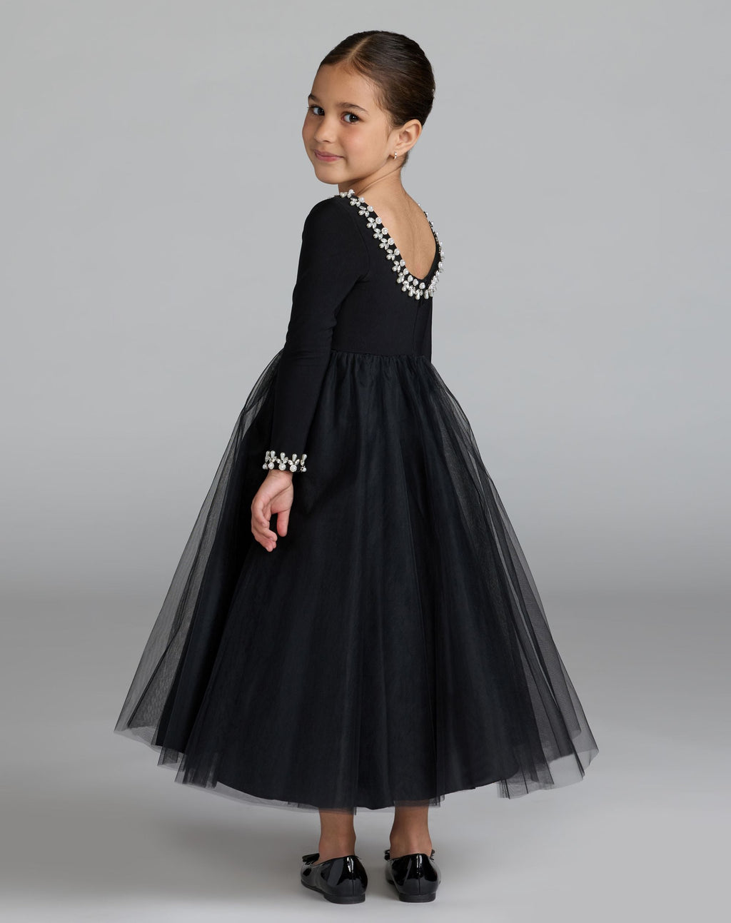 Girls Black Long Sleeve Embellished A-line Dress - Designer Collection