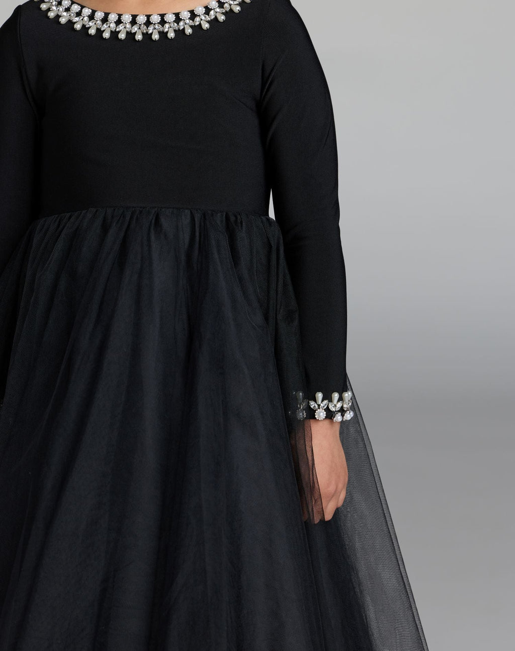 Girls Black Long Sleeve Embellished A-line Dress - Designer Collection