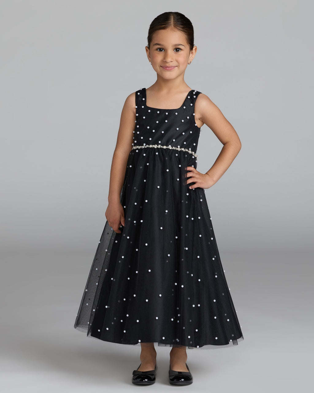 Girls Black Pearl Tulle Maxi Dress Designer Collection