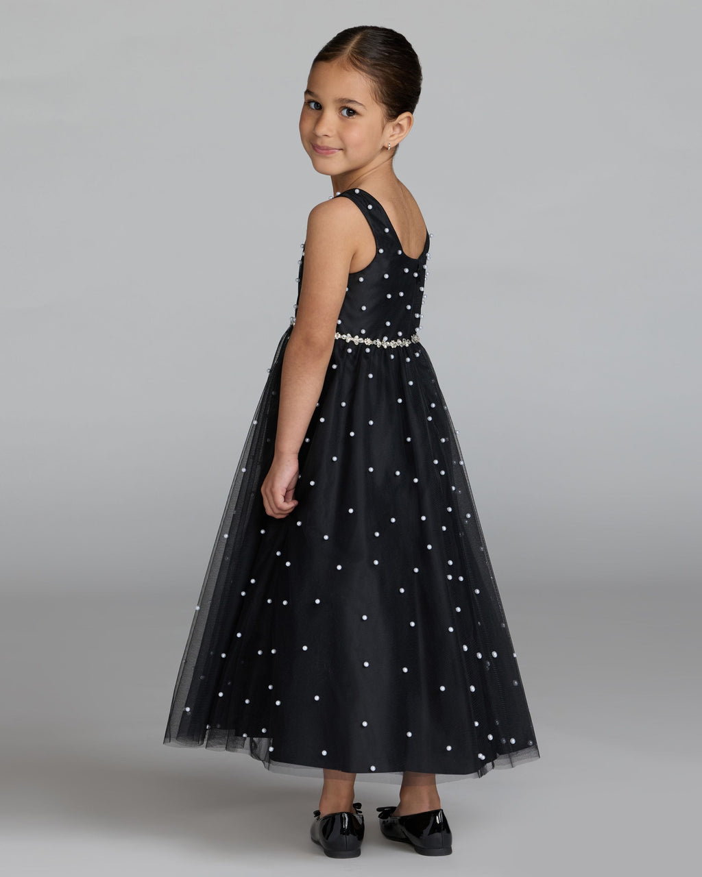Girls Black Pearl Tulle Maxi Dress Designer Collection